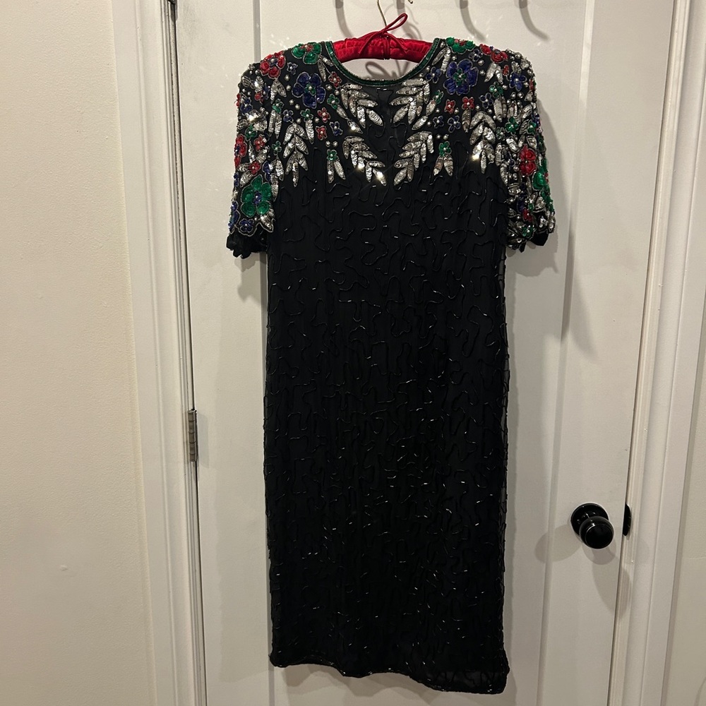 Vintage Elegant Black Silk Dress with Colourful floral beading - Picture 3 of 17